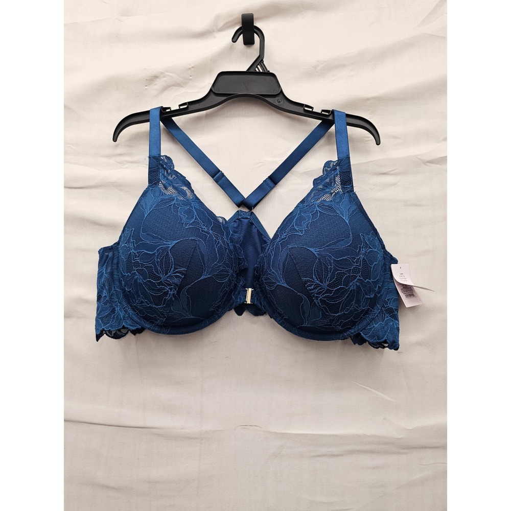 Auden Womens Lace Front Close Push Up Plunge Bra Blue Nylon Blend Size 46D